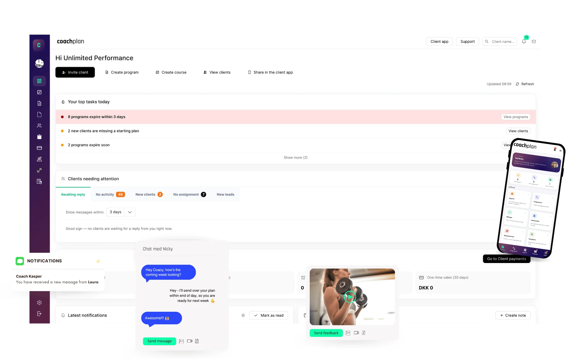 Coachplan dashboard: today's overview of clients, programs and check-ins