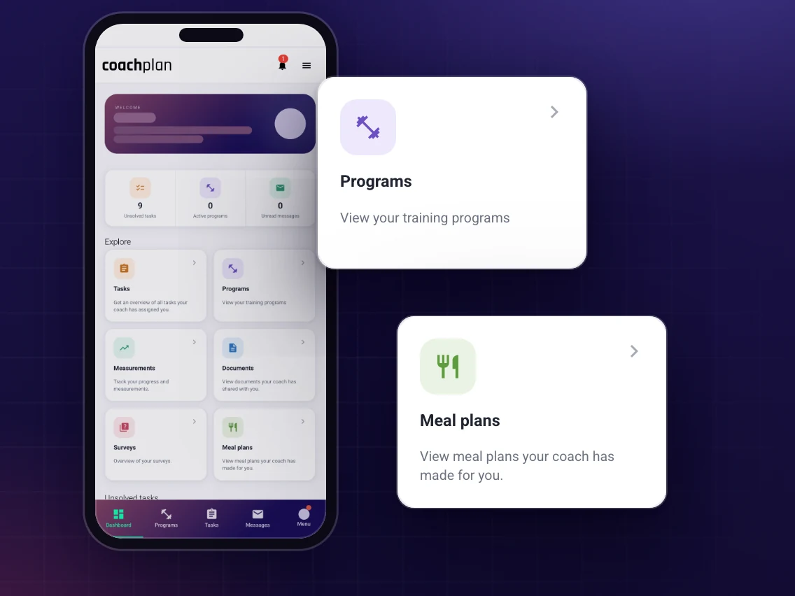 The Coachplan client app on a phone: the client's home screen with their tasks, programs, measurements, documents, surveys and meal plans