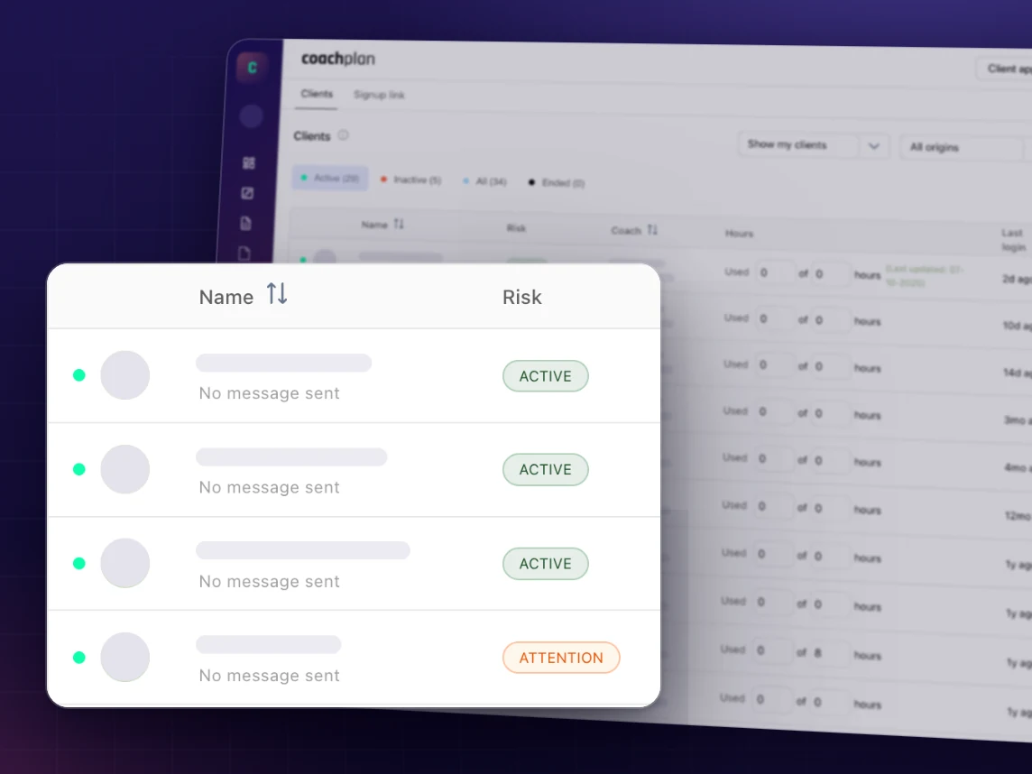 Client list in Coachplan: every client in one list, each marked active or needing attention